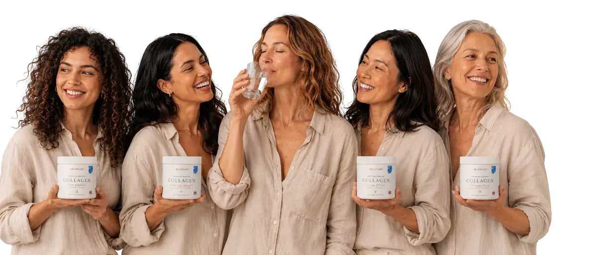 Five women of different ages holding NORDPURE marine collagen jars
